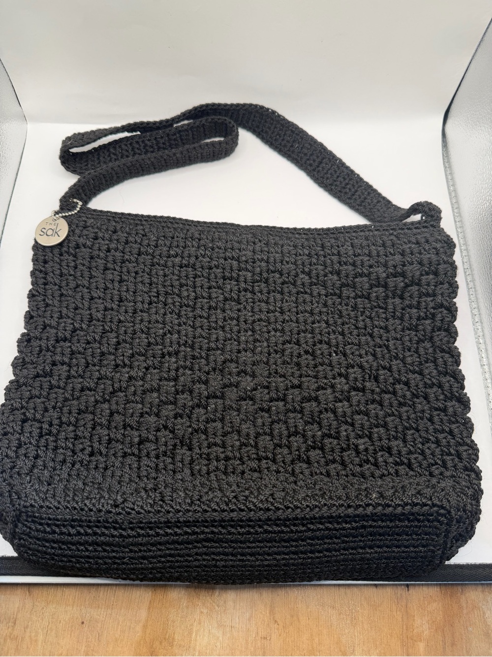 The Sak Black Crochet Knit Shoulder Bag Boho Crossbody Purse